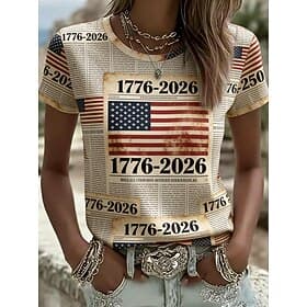 Independence Day American Anniversary Patriotic Women's T Shirt Print Graphic National Flag Vintage Stylish Classic Short Sleeve Crew Neck Regular Tops Daily W thumbnail 3