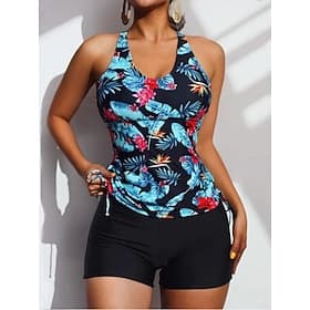 Women's Swimwear Tankini 2 Piece Shorts Swimsuit Tummy Control High Waist Slim Backless Vacation Beach Wear Floral Tropical U Neck Sleeveless Bathing Suits