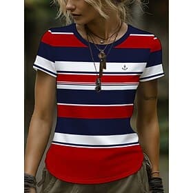 Women's T Shirt Print Graphic Geometric Striped Vintage Stylish Classic Short Sleeve Crew Neck Regular Tops Daily Blue White-Blue Pink Army Green Red Summer Sp
