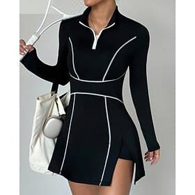 Women's Solid Colored Tennis Dress with Shorts Sports Dress Long Sleeve Zip Up Pocket Elastic Sweat-Wicking Breathable Tennis Running Fitness High Neck Dress T