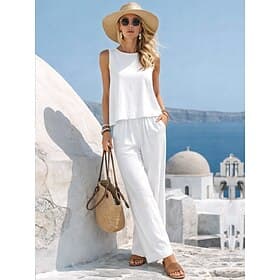 Women's Cotton Linen Sets Cotton Linen Vest Pants Sets Sleeveless Crew Neck Solid Color Fashion Streetwear Casual Daily Outdoor White Yellow Beige Summer Regul