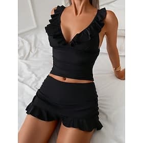 Dames Zwemkleding Tankini 2 stuks Rok Zwempak Ruche Buikcontrole Hoge taille Slank Blote rug Vakantie Strand Kleding Effen Kleur V-hals Mouwloos Badpakken