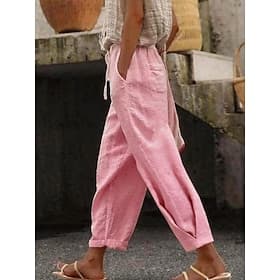 Women's Linen-feel Pants Chinos Summer Pants Straight Vacation Basic Casual Full Length High Waist Plain Pocket Elastic Waistband Comfy Comfort Soft Micro-elas