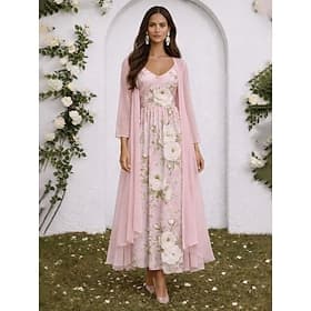 Dame Kjolesett Kjole med A-linje Elegant Ferie Blomstret Grafisk Multi Layer Trykt mønster Maxikjole 3/4 ermer V-hals Formell Rosa Lilla Grønn Sommer Vår Norma