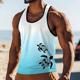 Heren tanktop met print van een zeeschildpad en hibiscusbloemen, tropisch, Hawaïaans, nautisch, ombre-gradient, mouwloos shirt met U-hals, zomer, strand, vakan