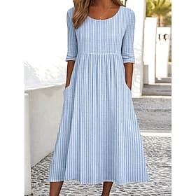 Femmes Robe Midi Robe Décontractée Robe trapèze Élégant Occasionnel Quotidien Vacances Coupe Ample Rayure Manche Courte Col ras du cou Gris Bleu clair Été Prin
