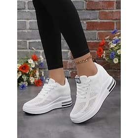Baskets compensées blanches respirantes Flyknit pour femme - chaussures de marche légères et amortissantes, baskets tendance et décontractées idéales pour la c