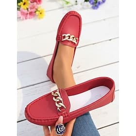 Women's Red Chain Moccasin Loafer - Soft Comfort Slip-On Shoes for Women, Classic Chic Style for Work, Office, Travel, Daily Wear  City Walking
