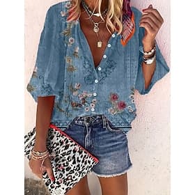 Women's Shirt Print Ombre Floral Graphic Bohemia Vintage Daily 3/4 Length Sleeve V Neck Regular Tops Daily Holiday Beach Wear Blue Grass Green Pink Royal Blue