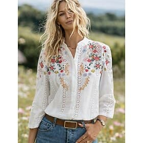 Damen Bluse Bestickt Druck Blumen Stilvoll Lässig Langarm V Ausschnitt Mandarinkragen Normale Oberteile Täglich Blau Rote Grün Sommer Frühling Herbst