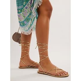 Women's Gold Metallic Lace-Up Sandals - Elegant Flat Gladiator Strappy Shoes for Outdoor Resorts, Tropical Island Vacations  Summer Beach Parties