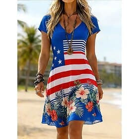 American Independence Day Women's Knee Length Dress Sundress T Shirt Dress Tee Dress A Line Dress Vacation Casual Boho Beach Regular Fit Floral Graphic Flag Sh