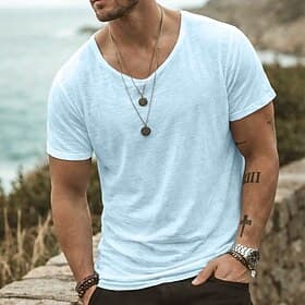 Homme T-shirt en coton et lin T-shirt Manches courtes Col en V Été Uni Mode Designer Basique Flexible Occasionnel Vacances Rue Bleu Ciel T-shirt haut de gamme