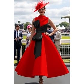 Ball Gown Ankle Length Prom Dresses Evening Gown Ball Gown Formal Dress Elegant 1950s Color Block Sleeveless High Neck Prom Wedding Guest Satin with Bow(s)