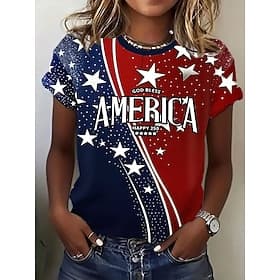 American Independence Day Women's T Shirt Print Graphic Letter American Flag Stylish Classic Casual Short Sleeve Crew Neck Regular Tops Daily Blue Black White