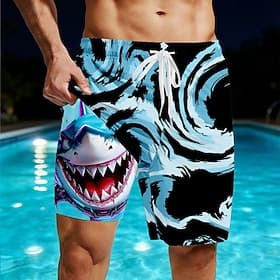 Homens Animal Geométrica Tubarão Shorts Forrados Shorts de Natação 2 em 1 Fatos de banho Calções de banho Cintura Média Havaiana férias na praia Bolsos laterai