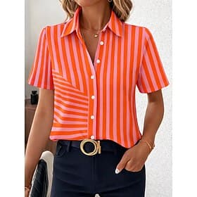 Women's Shirt Buttons Print Graphic Geometric Vintage Stylish Modern Short Sleeve Shirt Collar Regular Tops Daily Blue Pink Orange Green Summer Spring