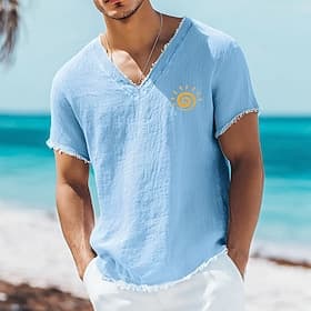 T-shirt homme en lin et coton mélangés, imprimé tribal soleil en spirale, col V, bords francs, style décontracté et tendance, tailles S à 3XL