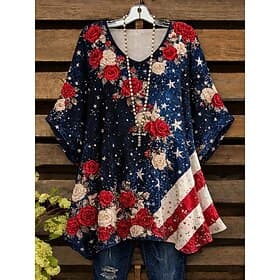 American Independence Day Women's Shirt Blouse Print Floral Graphic Flag Vintage Daily Stylish Long Sleeve Crew Neck V Neck Long Tops Daily Going out Red Purpl