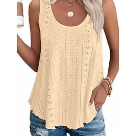 Women's Shirt Texture Blouse Eyelet Top Pointelle Tee Patchwork Plain Vintage Stylish Classic Sleeveless U Neck Regular Tops Casual Daily Beach Yellow Pink Win