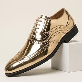 Men's Gold Metallic Oxford Shoes Lace-Up Formal Dress Shoes Glossy Brogue Business Footwear for Weddings, Banquets, Parties, Stage Performances, Prom and Luxur