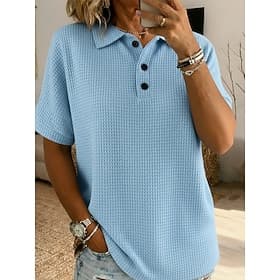 Women's Waffle Shirt T Shirt Polo Shirts Tee Buttons Plain Stylish Classic Modern Short Sleeve Shirt Collar Regular Tops Daily Holiday Going out Black White Re