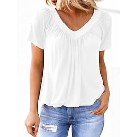 Damen T Shirt Gerafft Vintage Stilvoll Lässig Kurzarm V Ausschnitt Lange Oberteile Täglich Ausgehen Blau Weiß Rosa Dunkelgrün Purpur Sommer Frühling