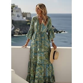 Women's Maxi Dress Boho Dress Casual Dress Swing Dress A Line Dress Vintage Casual Daily Regular Fit Floral Long Sleeve V Neck Blue Red Purple Orange Summer Sp