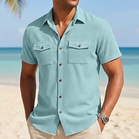Men's Shirt Casual Shirt Corduroy Shirt Button Up Shirt Black White Yellow Navy Blue Brown Short Sleeve Solid Color Plain Textured Shirt Collar Casual Daily Fr