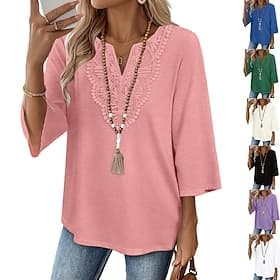 Women's Blouse Lace Patchwork Solid Color Daily Stylish Casual 3/4 Length Sleeve V Neck Regular Tops Daily Blue Black White Pink Green Summer Spring Fall