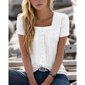 Women's Jacquard Tops T Shirt Ruched Solid Color Elegant Stylish Basic Short Sleeve Square Neck Regular Tops Daily Going out Weekend White Summer Spring
