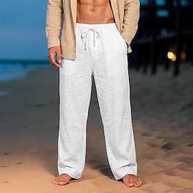 Homme Pantalons en Lin Pantalon d'été Pantalons Amples Pantalons de Plage Cordon de serrage Taille Élastique Jambe Droite Uni Confort Respirant Longueur Genou