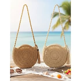 Women's Boho Round Woven Straw Shoulder Bag with Tassel, Beige and Khaki Colors, Lightweight Summer Crossbody Tote, Perfect for Vacation, Travel and Everyday C