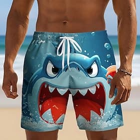 Men's Shark Cartoon Animals Swim Trunks Swim Shorts Board Shorts Mid Waist Funny Beach Vacation Wear Side Pockets Mesh Lining Elastic Drawstring Waist Designer