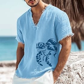 Herren-T-Shirt mit Meeresschildkröten-Print aus Leinen-Baumwoll-Mischgewebe, V-Ausschnitt, offene Kanten, Sommer-Strandurlaub-T-Shirt, ausgefranstes, weiches M