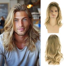 Long Blonde Wigs for Men Synthetic Layered Wavy Cosplay Party Wig