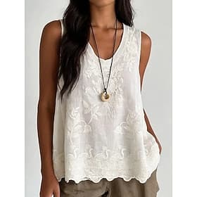 Damen Spitzenbluse Einfarbig Elegant Bohemien Urlaub Ärmellos Rundhalsausschnitt Lange Oberteile Täglich Ferien Wochenende Schwarz Weiß Rosa Leicht Braun Khaki