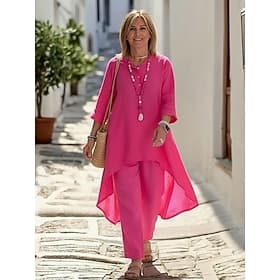 Femmes Ensemble effet lin Ensembles de Pantalons Manche 3/4 Col ras du cou Uni Froncé Mode Streetwear Occasionnel Quotidien Extérieur Bleu Noir Blanche Été Cou