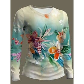 Women's T Shirt Print Floral Graphic Plants Fashion Classic Casual Long Sleeve Crew Neck Regular Tops Daily Weekend Blue Red Green Summer Spring