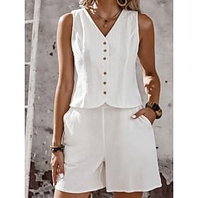 Femmes Ensembles en coton et lin Ensembles de Shorts Sans manches Col en V Uni Mode Streetwear Occasionnel Quotidien Extérieur Blanche Orange Vert Été Coupe Am