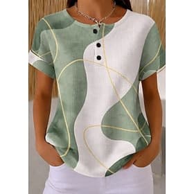 Women's Waffle Textured Knit Tops T Shirt Ombre Graphic Geometry Stylish Classic Short Sleeve Crew Neck Henley Regular Tops Daily Sports Black and White Light