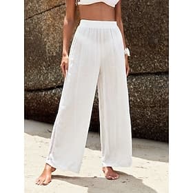 Women's Linen-feel Pants Wide Leg Chinos Summer Pants Vacation Fashion Streetwear Full Length High Waist Plain Pocket Elastic Waistband Comfy Soft Comfortable