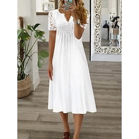 Women's Midi Dress Lace Dress White Dress Elegant Fashion Modern Outdoor Vacation Going out Regular Fit Plain Short Sleeve V Neck White Summer Spring