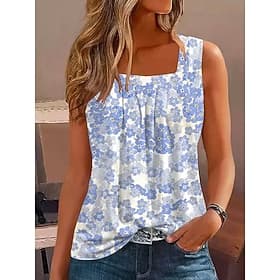 Women's T Shirt Tee Top Print Floral Fashion Stylish Casual Sleeveless Square Neck Regular Tops Daily Going out Weekend Royal Blue Sky Blue Summer Spring