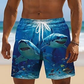 Men's Shark Ocean Sea Creatures Swim Trunks Swim Shorts Board Shorts Mid Waist Hawaiian Beach Vacation Wear Side Pockets Mesh Lining Elastic Drawstring Waist D
