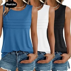 Multi Packs 3pcs Female Round Neck Sleeveless BlueBlackWhite Tank Vest Sleeveless Shirt Solid Color Casual Daily Polyester Summer