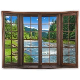 Faux Window Scenic River and Mountain View Tapestry Nature Landscape Wall Hanging Perfect for Home Relaxation Decor
