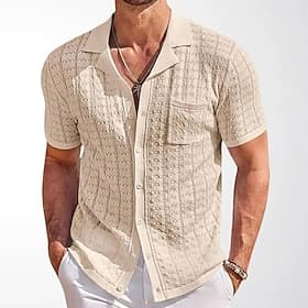 Men's Shirt Casual Shirt Button Up Shirt Jacquard Shirt Dark Navy Brown khaki Short Sleeve Plain Shirt Collar Casual Daily Buttons Clothing Apparel Elegant Fas