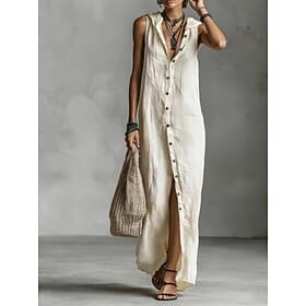 Women's Maxi Dress Linen-feel Dresses Shirt Dress Casual Dress Cotton Linen Dress Elegant Fashion Modern Outdoor Vacation Going out Regular Fit Plain Sleeveles