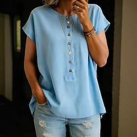 Damen T Shirt Sommeroberteile Knöpfe Einfarbig Elegant Vintage Mode Kurzarm Rundhalsausschnitt Normale Oberteile Täglich Outdoor Streetwear Hellblau Weiß Gelb